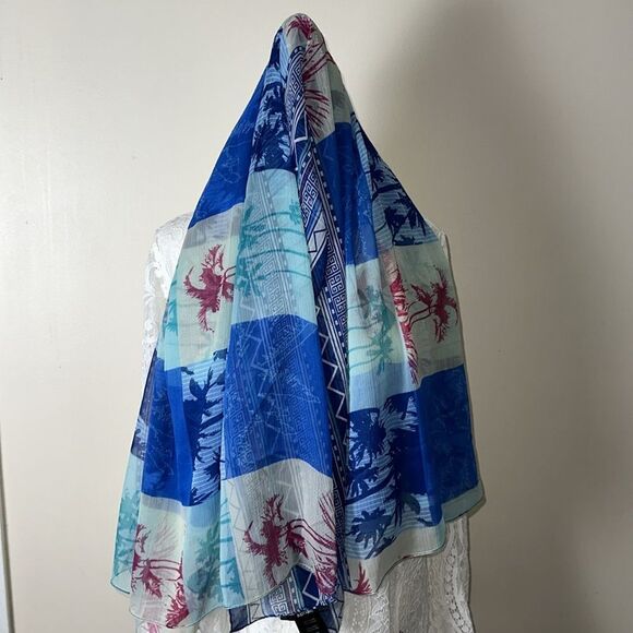 kensie Blue Pink Green White Sheer Square Patch Tropical Print Square Scarf Wrap - Picture 7 of 10